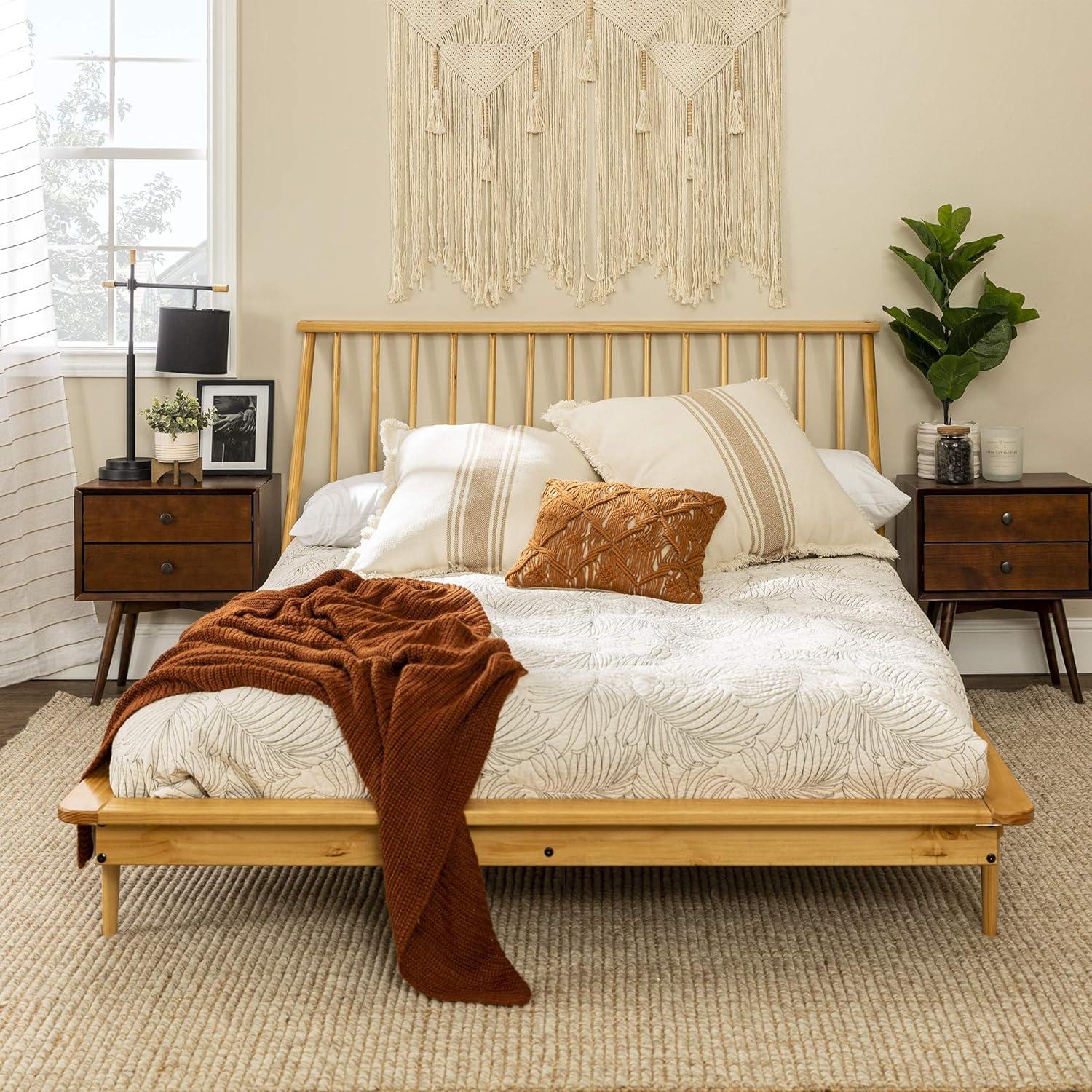 imageWalker Edison Mid Century Modern Solid Wood Spindle Platform Bed Headboard Footboard Bed Frame Bedroom Queen CaramelLight Oak