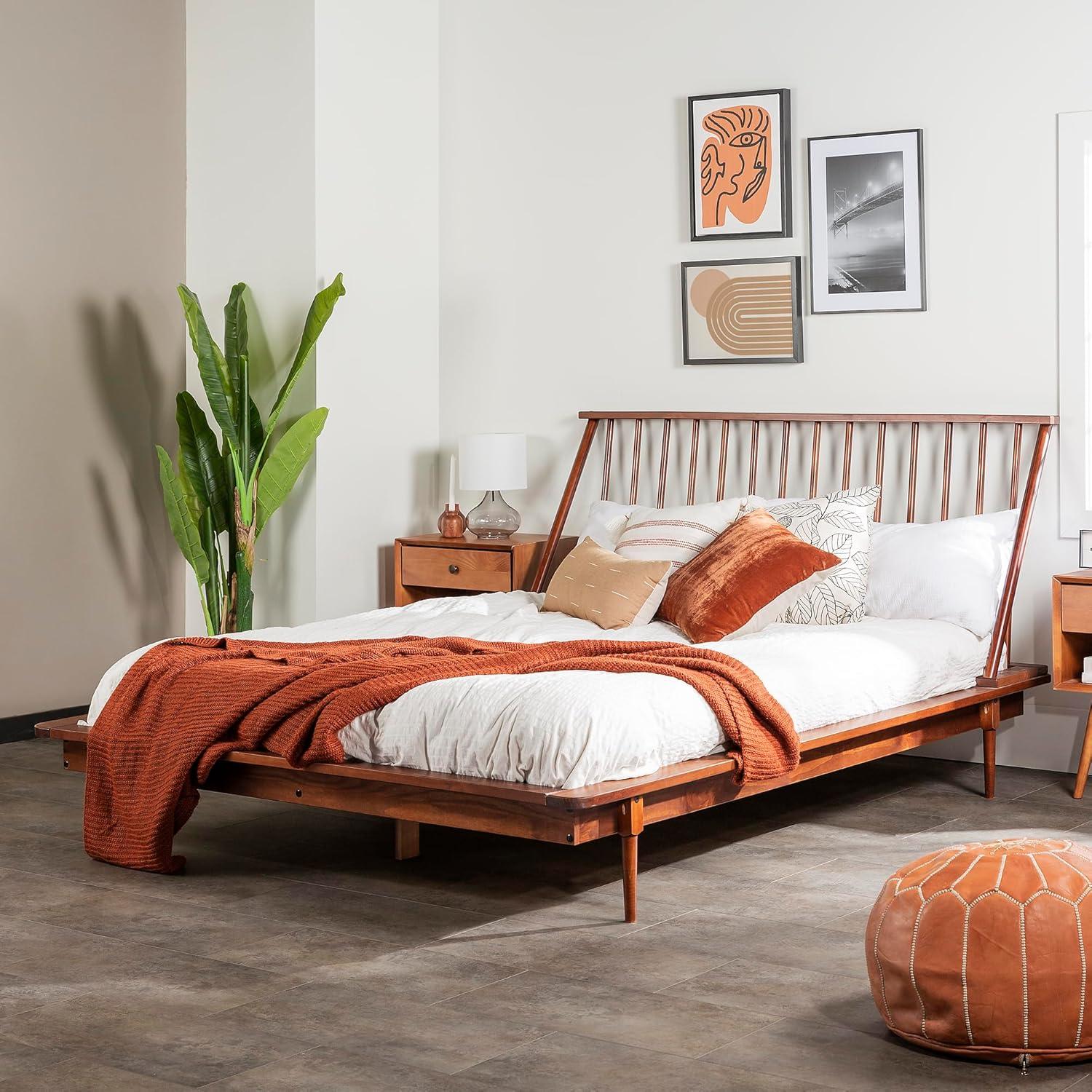 imageWalker Edison Mid Century Modern Solid Wood Spindle Platform Bed Headboard Footboard Bed Frame Bedroom Queen CaramelWalnut
