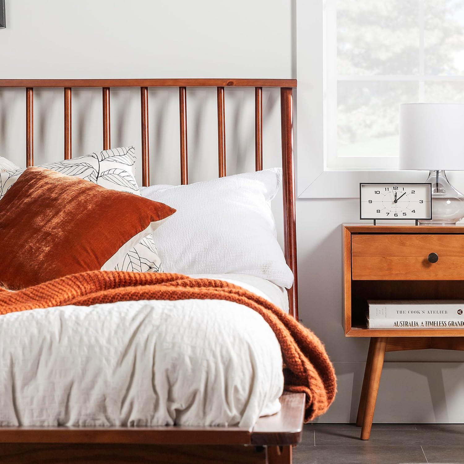 imageWalker Edison Mid Century Modern Solid Wood Spindle Platform Bed Headboard Footboard Bed Frame Bedroom Queen CaramelWalnut