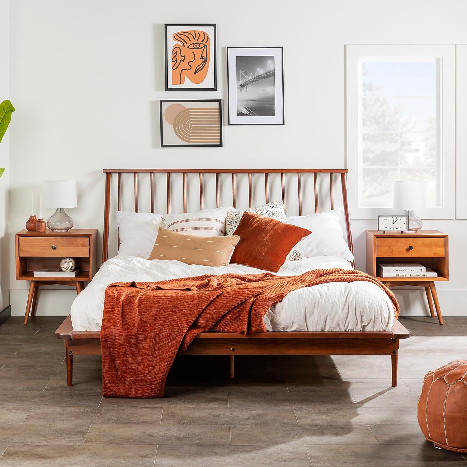 imageWalker Edison Mid Century Modern Solid Wood Spindle Platform Bed Headboard Footboard Bed Frame Bedroom Queen CaramelWalnut
