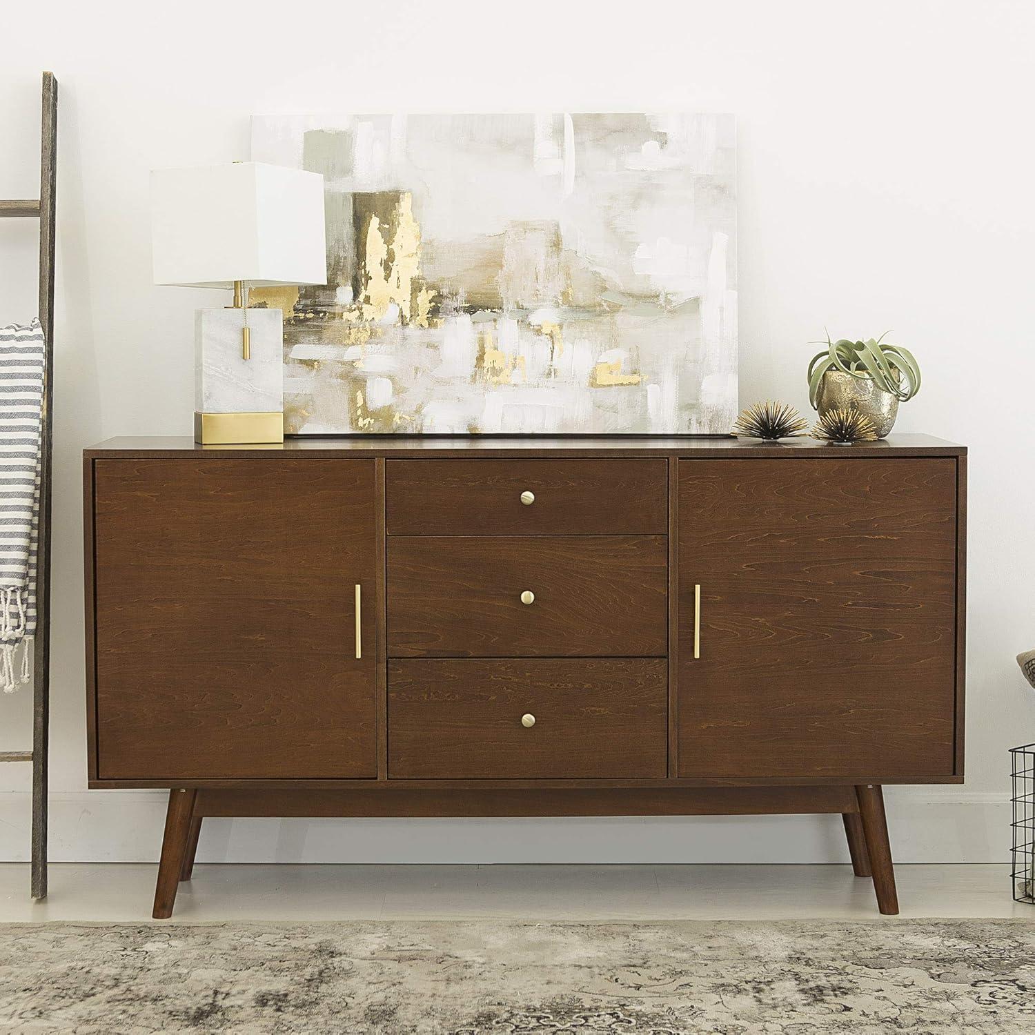 imageWalker Edison Mid Century ModernTV Stand Console with 3 Drawers and Closed Cabinet Storage 60quot WalnutWalnut