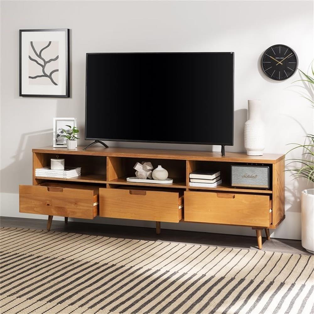 imageWalker Edison Millie Mid Century Modern 3 Drawer Solid Wood Low Stand for TVs up to 80 Inches 70 Inch CaramelCaramel