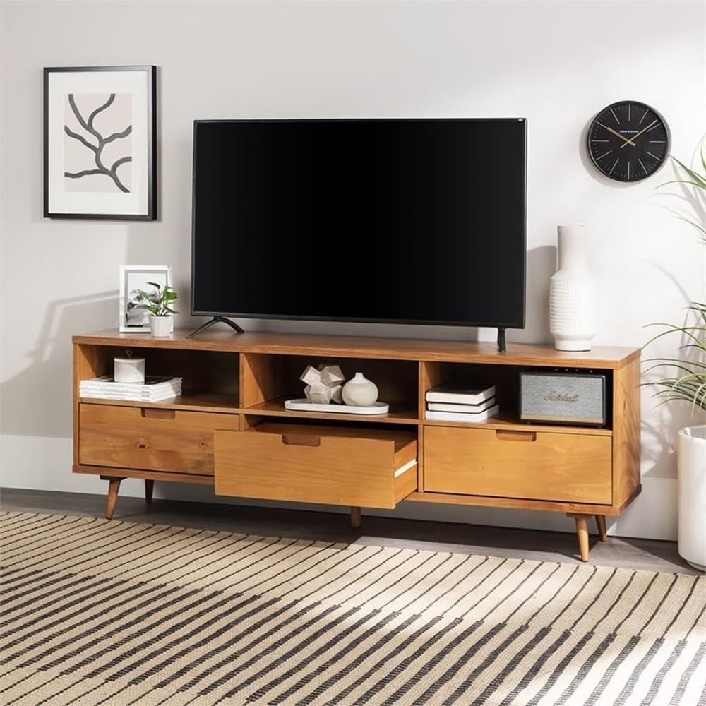 imageWalker Edison Millie Mid Century Modern 3 Drawer Solid Wood Low Stand for TVs up to 80 Inches 70 Inch CaramelCaramel
