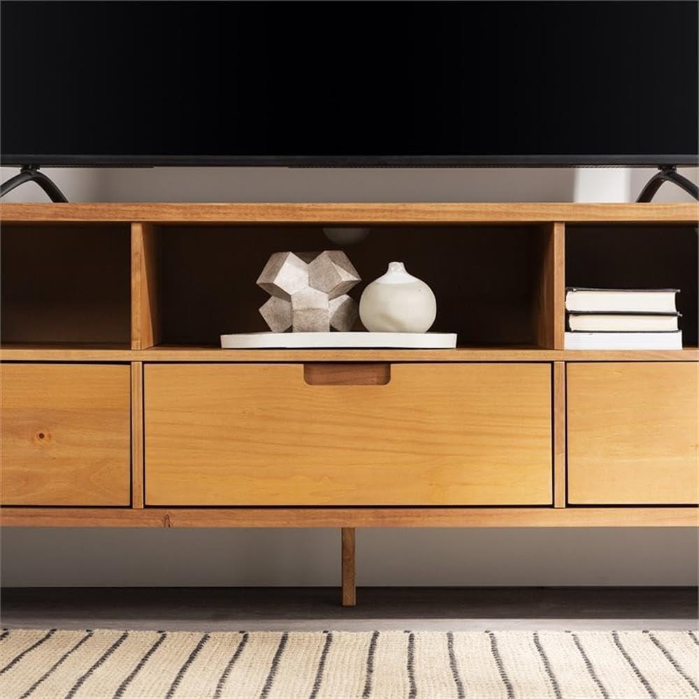 imageWalker Edison Millie Mid Century Modern 3 Drawer Solid Wood Low Stand for TVs up to 80 Inches 70 Inch CaramelCaramel