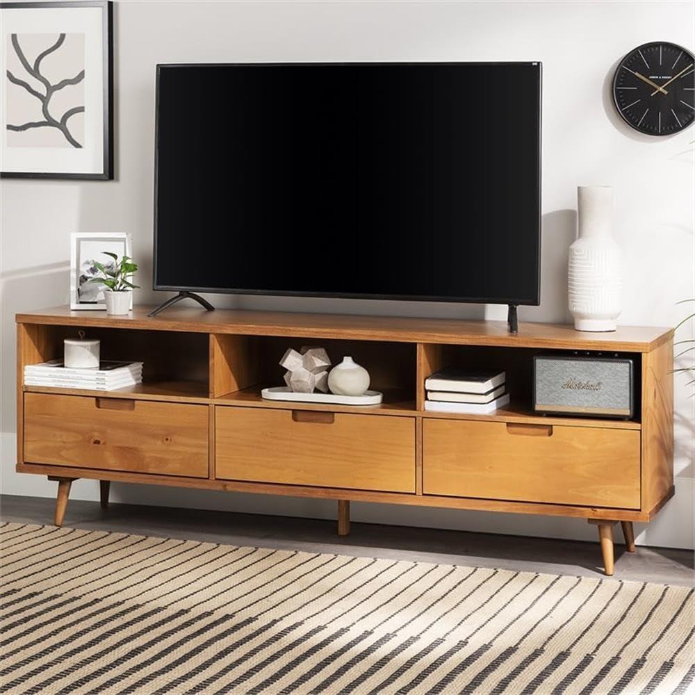 imageWalker Edison Millie Mid Century Modern 3 Drawer Solid Wood Low Stand for TVs up to 80 Inches 70 Inch CaramelCaramel
