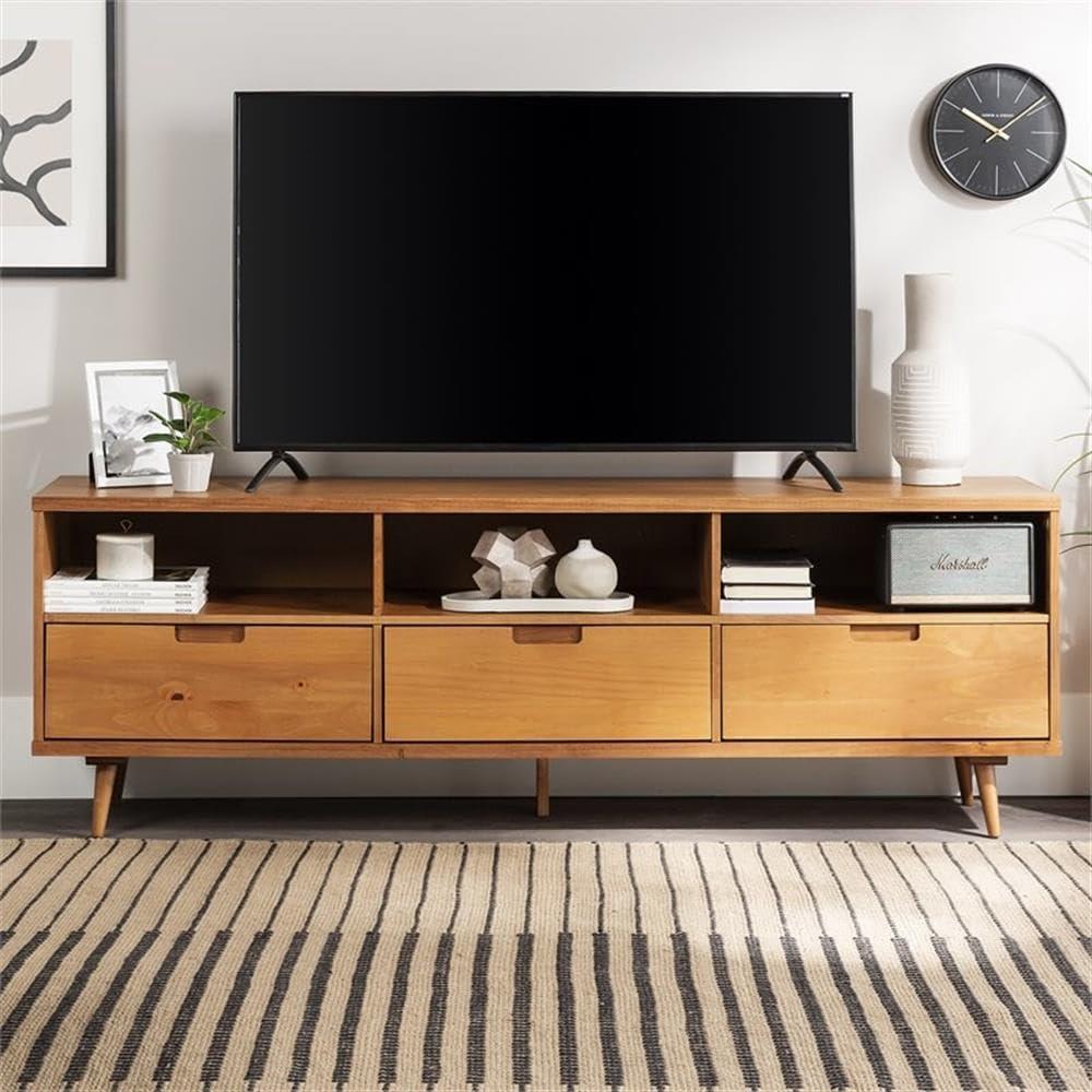 imageWalker Edison Millie Mid Century Modern 3 Drawer Solid Wood Low Stand for TVs up to 80 Inches 70 Inch CaramelCaramel