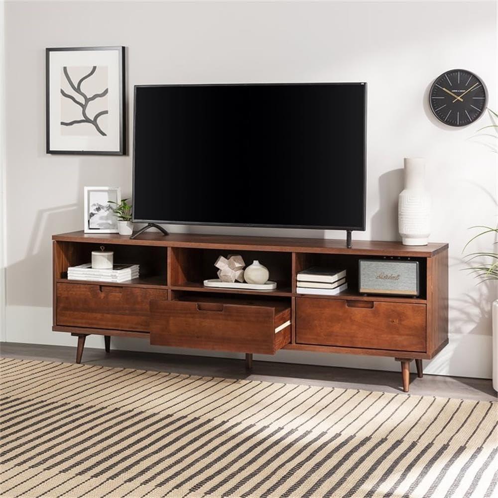 imageWalker Edison Millie Mid Century Modern 3 Drawer Solid Wood Low Stand for TVs up to 80 Inches 70 Inch CaramelWalnut