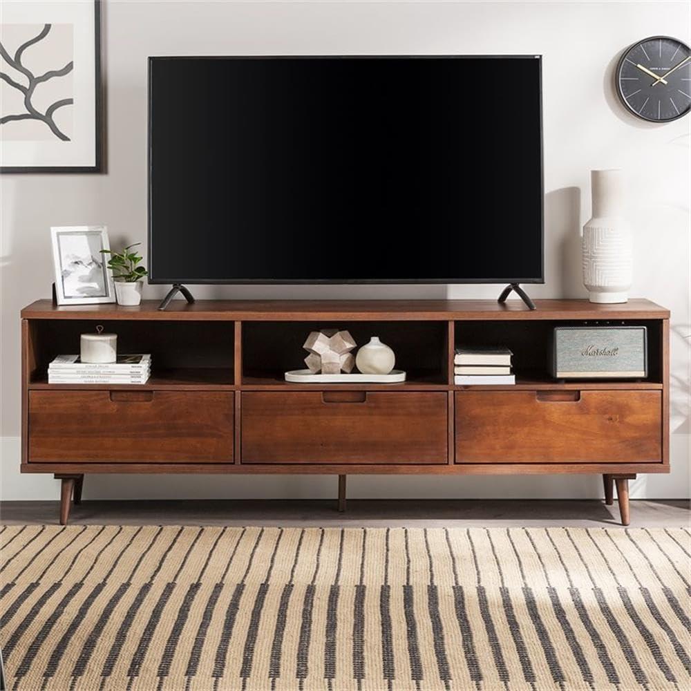 imageWalker Edison Millie Mid Century Modern 3 Drawer Solid Wood Low Stand for TVs up to 80 Inches 70 Inch CaramelWalnut