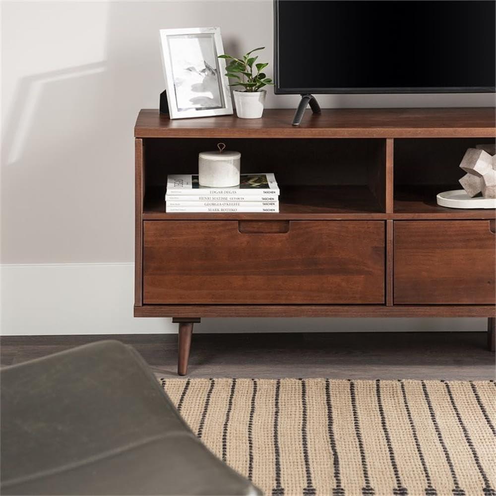 imageWalker Edison Millie Mid Century Modern 3 Drawer Solid Wood Low Stand for TVs up to 80 Inches 70 Inch CaramelWalnut