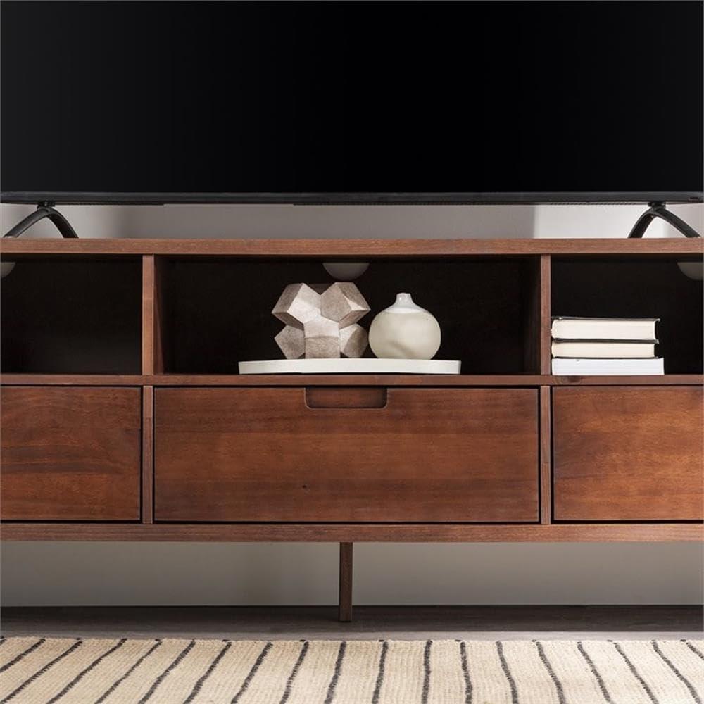 imageWalker Edison Millie Mid Century Modern 3 Drawer Solid Wood Low Stand for TVs up to 80 Inches 70 Inch CaramelWalnut