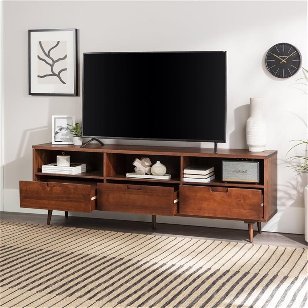 imageWalker Edison Millie Mid Century Modern 3 Drawer Solid Wood Low Stand for TVs up to 80 Inches 70 Inch CaramelWalnut