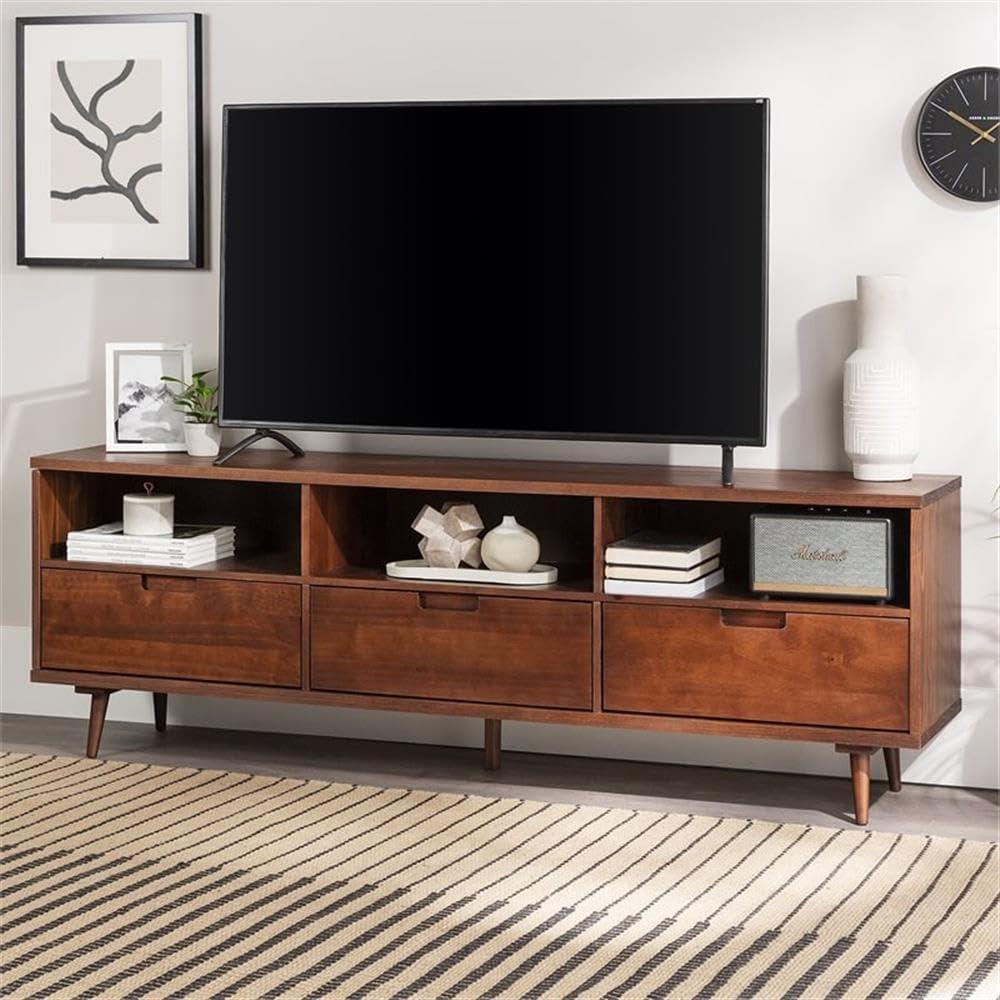 imageWalker Edison Millie Mid Century Modern 3 Drawer Solid Wood Low Stand for TVs up to 80 Inches 70 Inch CaramelWalnut