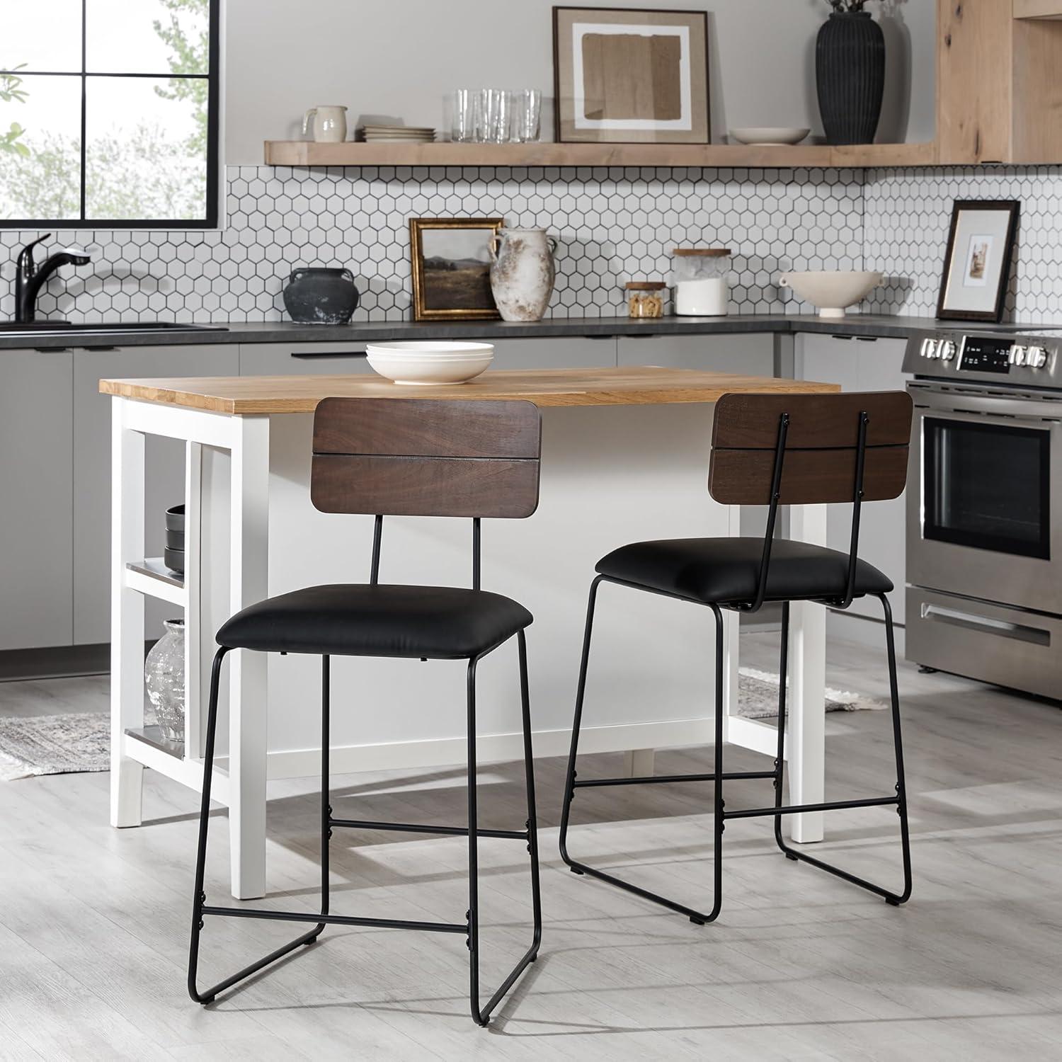 imageWalker Edison Modern 2Piece Minimalist Counter Stools with Wooden Back Set of 2 BlackBlack