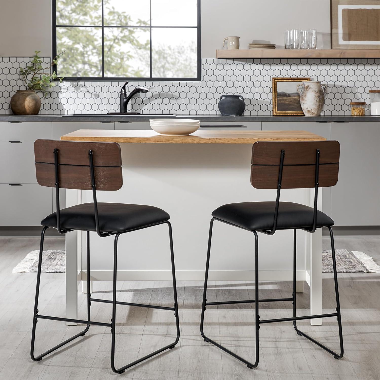 imageWalker Edison Modern 2Piece Minimalist Counter Stools with Wooden Back Set of 2 BlackBlack