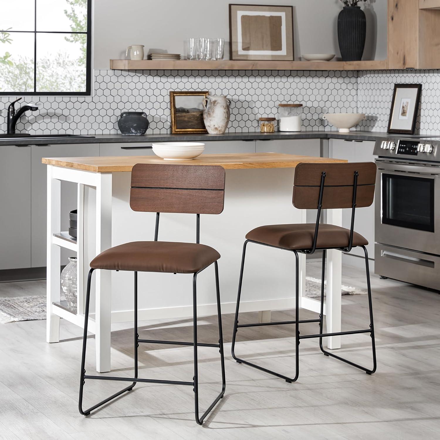 imageWalker Edison Modern 2Piece Minimalist Counter Stools with Wooden Back Set of 2 BlackBrown