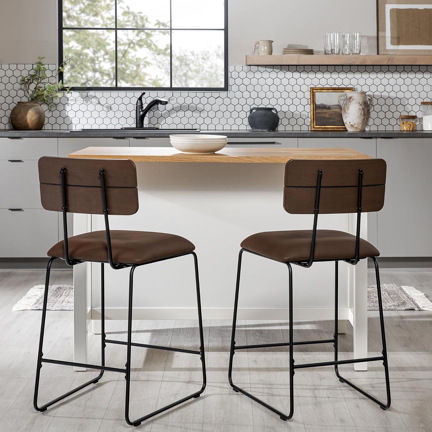 imageWalker Edison Modern 2Piece Minimalist Counter Stools with Wooden Back Set of 2 BlackBrown