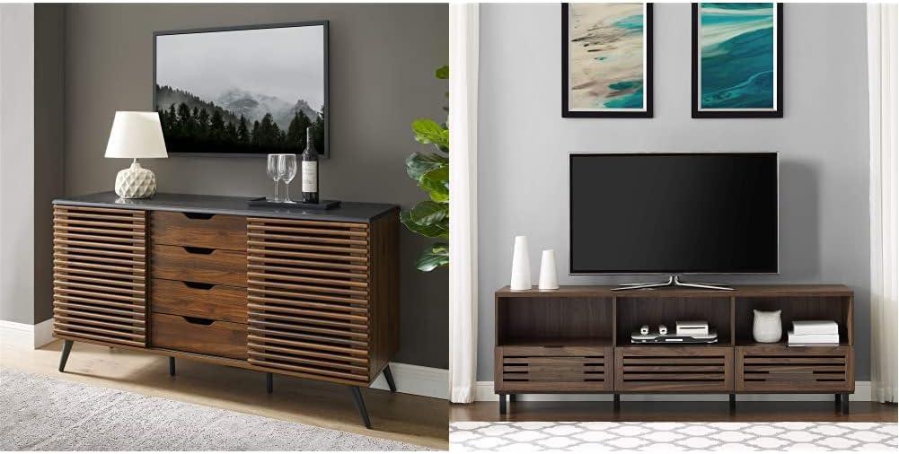 imageWalker Edison Modern 4 Drawer Sliding Door Wood Cabinet Buffet Entryway Serving Storage Cabinet Doors Dining Room Console 59 Inch Black and Slate GreyDark Walnut