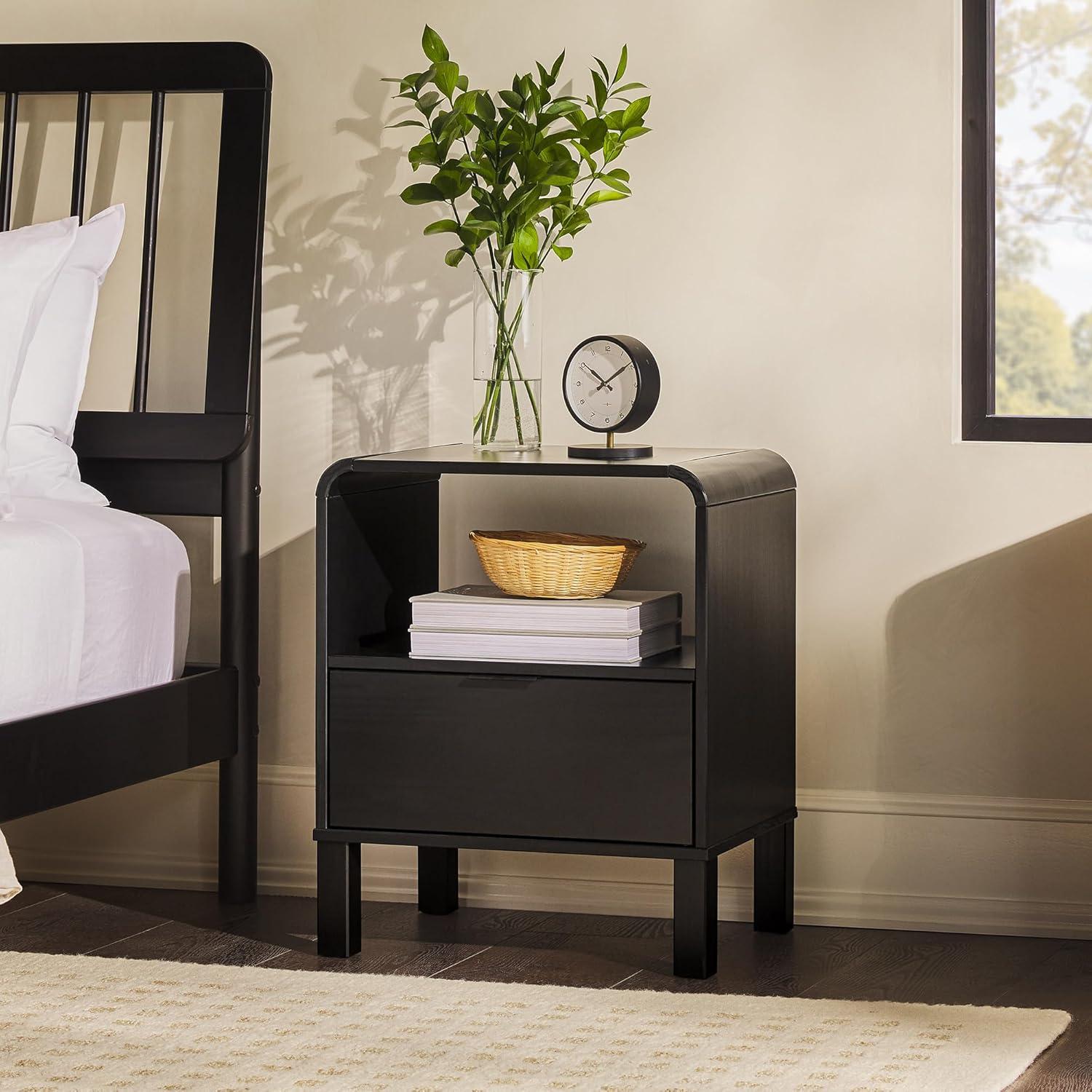 imageWalker Edison Modern CurvedTop Solid Wood 1Drawer Nightstand with Open Cubby 24 Inch BrownBlack