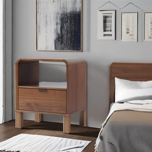 imageWalker Edison Modern CurvedTop Solid Wood 1Drawer Nightstand with Open Cubby 24 Inch BrownBrown
