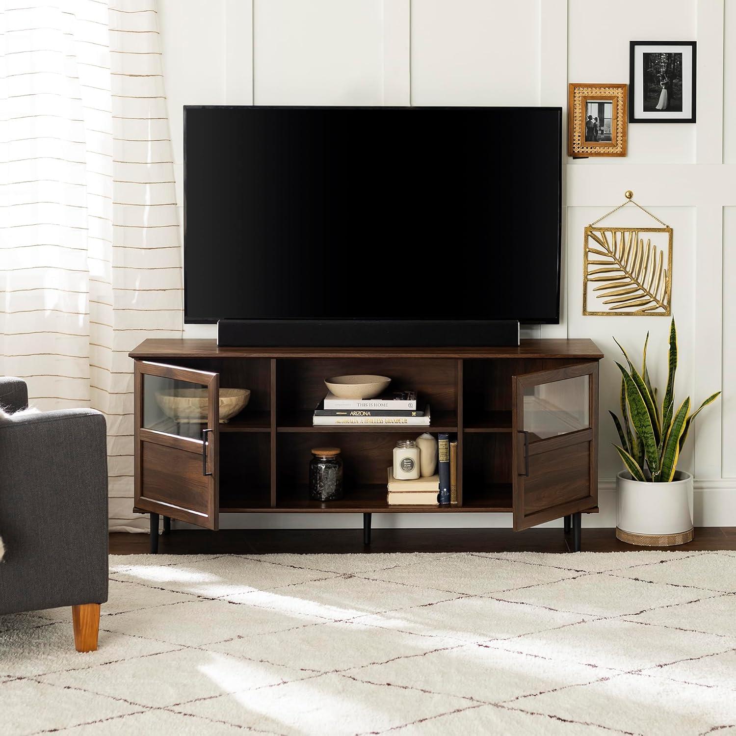 imageWalker Edison Modern Farmhouse Wood and Glass TV Stand with 2 Cabinet Doors for TVs up to 65quot Flat Screen Universal TV Console Living Room Storage Shelves Entertainment Center 58 Inch Dark WalnutDark Walnut