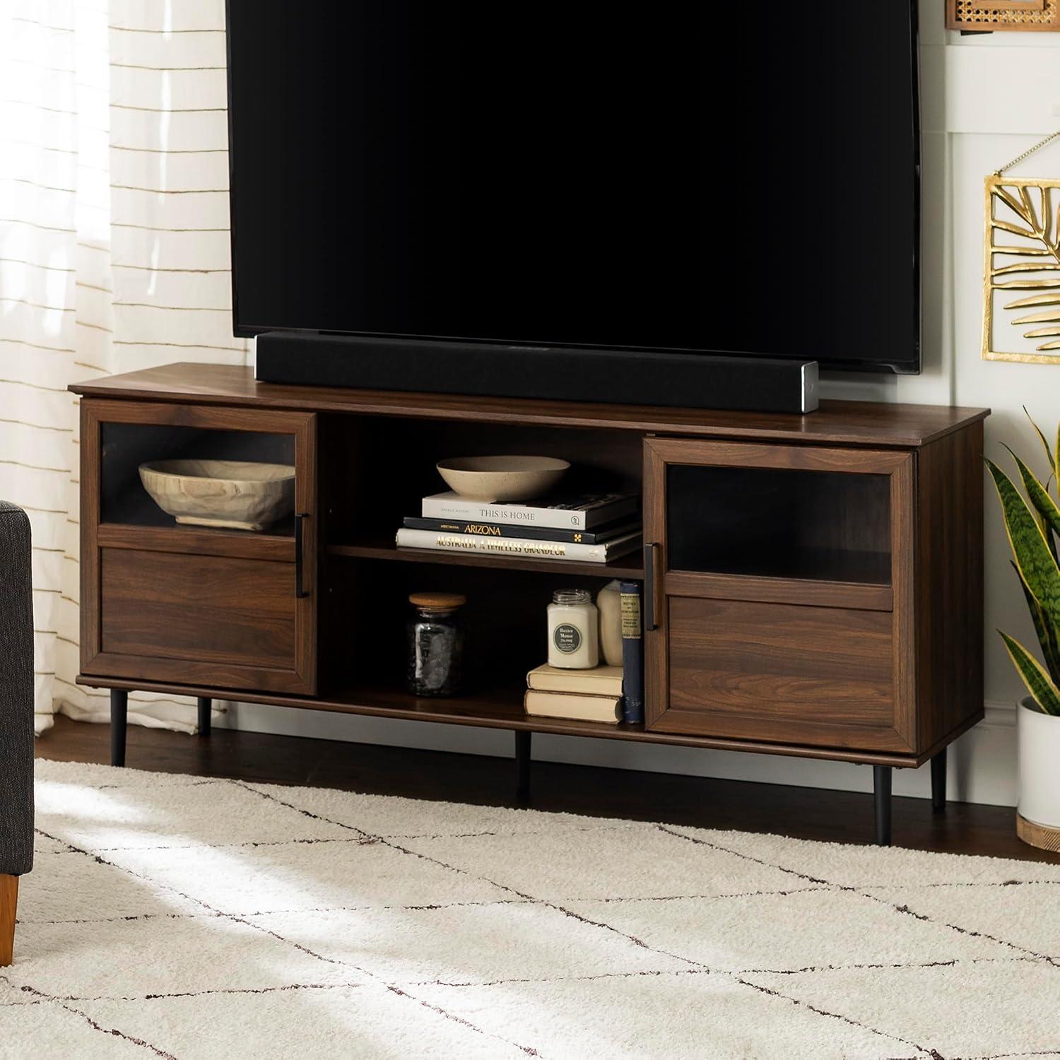 imageWalker Edison Modern Farmhouse Wood and Glass TV Stand with 2 Cabinet Doors for TVs up to 65quot Flat Screen Universal TV Console Living Room Storage Shelves Entertainment Center 58 Inch Dark WalnutDark Walnut