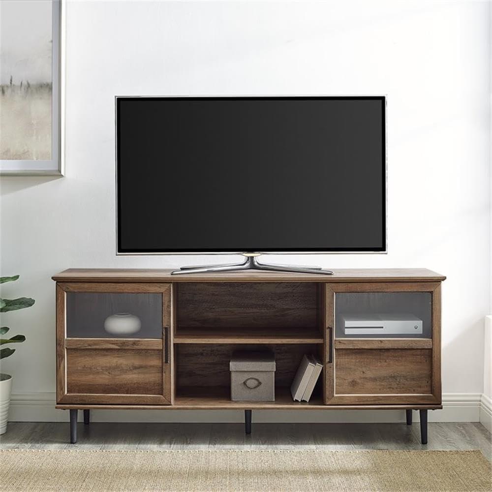 imageWalker Edison Modern Farmhouse Wood and Glass TV Stand with 2 Cabinet Doors for TVs up to 65quot Flat Screen Universal TV Console Living Room Storage Shelves Entertainment Center 58 Inch Dark WalnutRustic Oak
