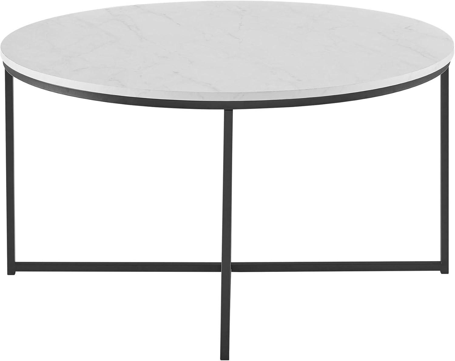 imageWalker Edison Modern Glam Round Accent Faux White Marble Coffee Table with Gold XBase 36 InchWhite Faux MarbleBlack