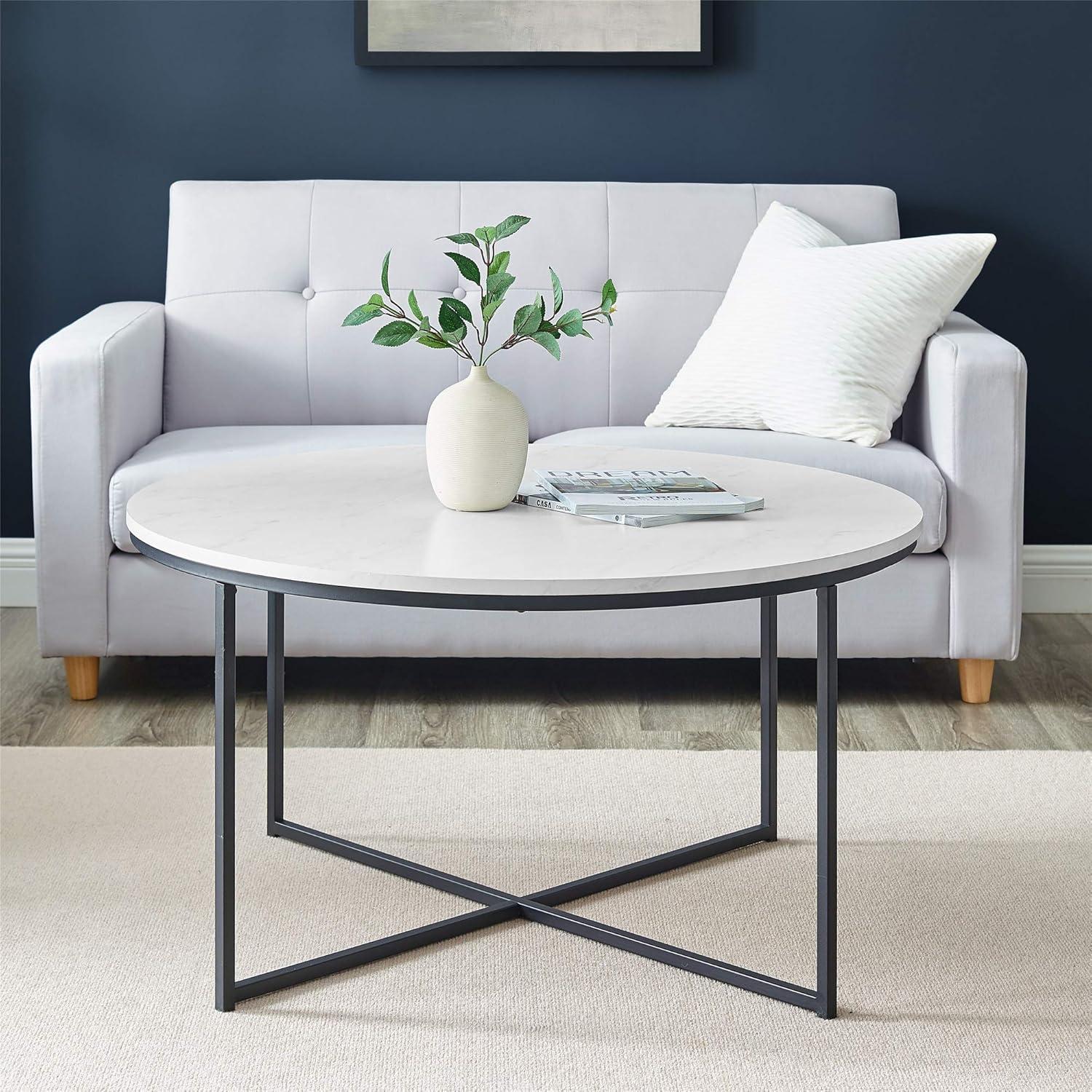 imageWalker Edison Modern Glam Round Accent Faux White Marble Coffee Table with Gold XBase 36 InchWhite Faux MarbleBlack