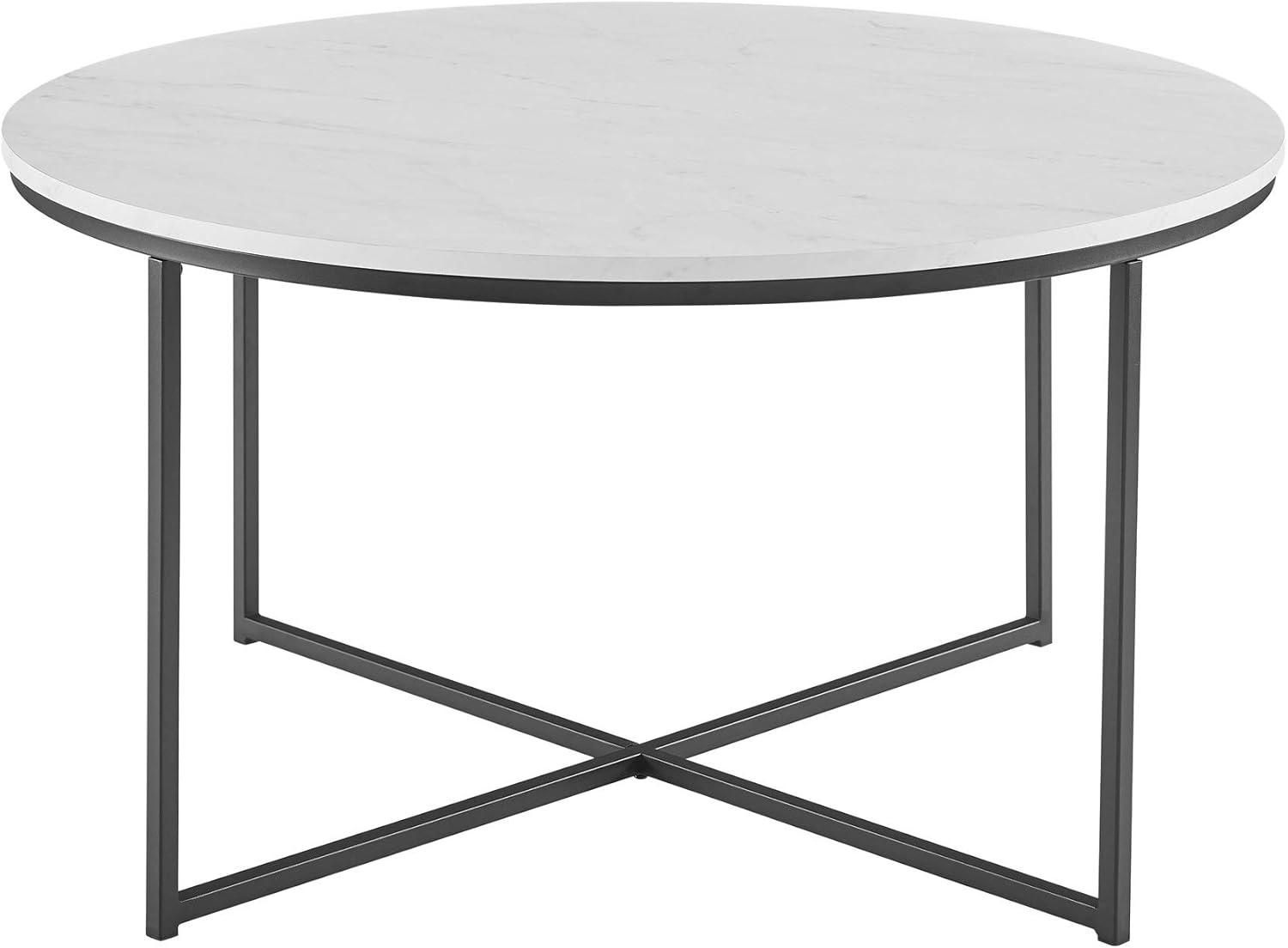 imageWalker Edison Modern Glam Round Accent Faux White Marble Coffee Table with Gold XBase 36 InchWhite Faux MarbleBlack
