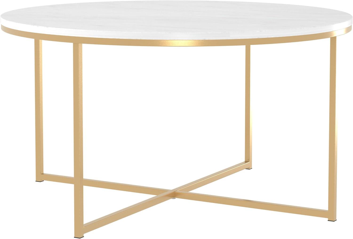 imageWalker Edison Modern Glam Round Accent Faux White Marble Coffee Table with Gold XBase 36 InchWhite Faux MarbleGold