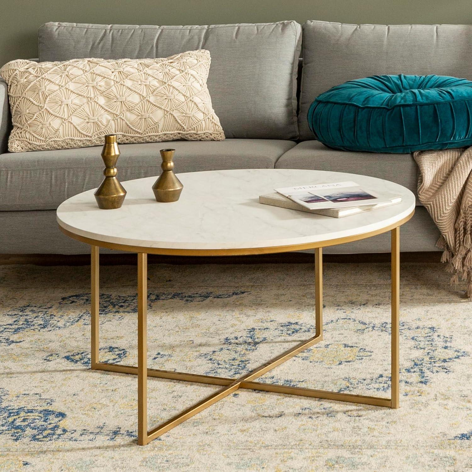 imageWalker Edison Modern Glam Round Accent Faux White Marble Coffee Table with Gold XBase 36 InchWhite Faux MarbleGold