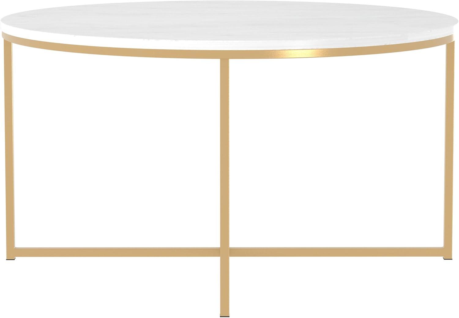 imageWalker Edison Modern Glam Round Accent Faux White Marble Coffee Table with Gold XBase 36 InchWhite Faux MarbleGold