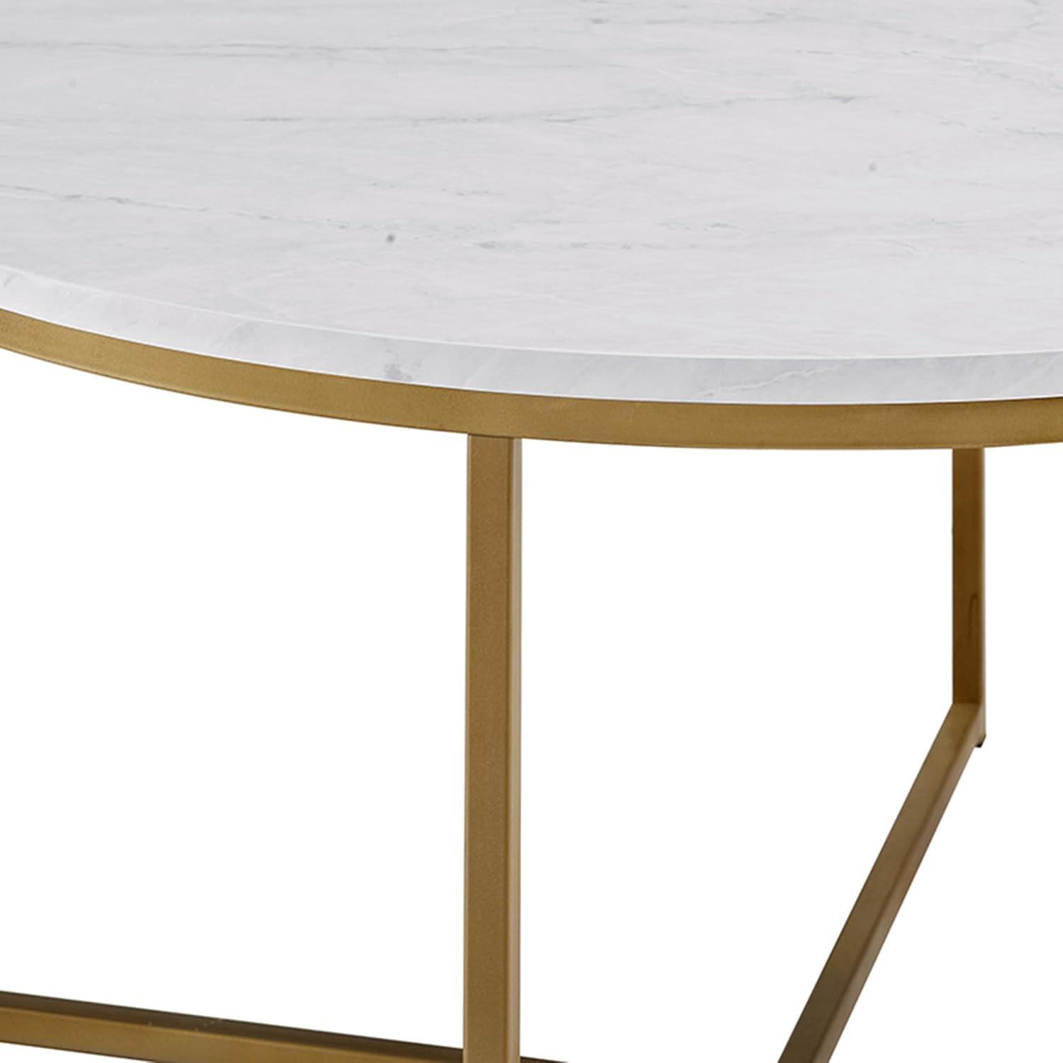 imageWalker Edison Modern Glam Round Accent Faux White Marble Coffee Table with Gold XBase 36 InchWhite Faux MarbleGold