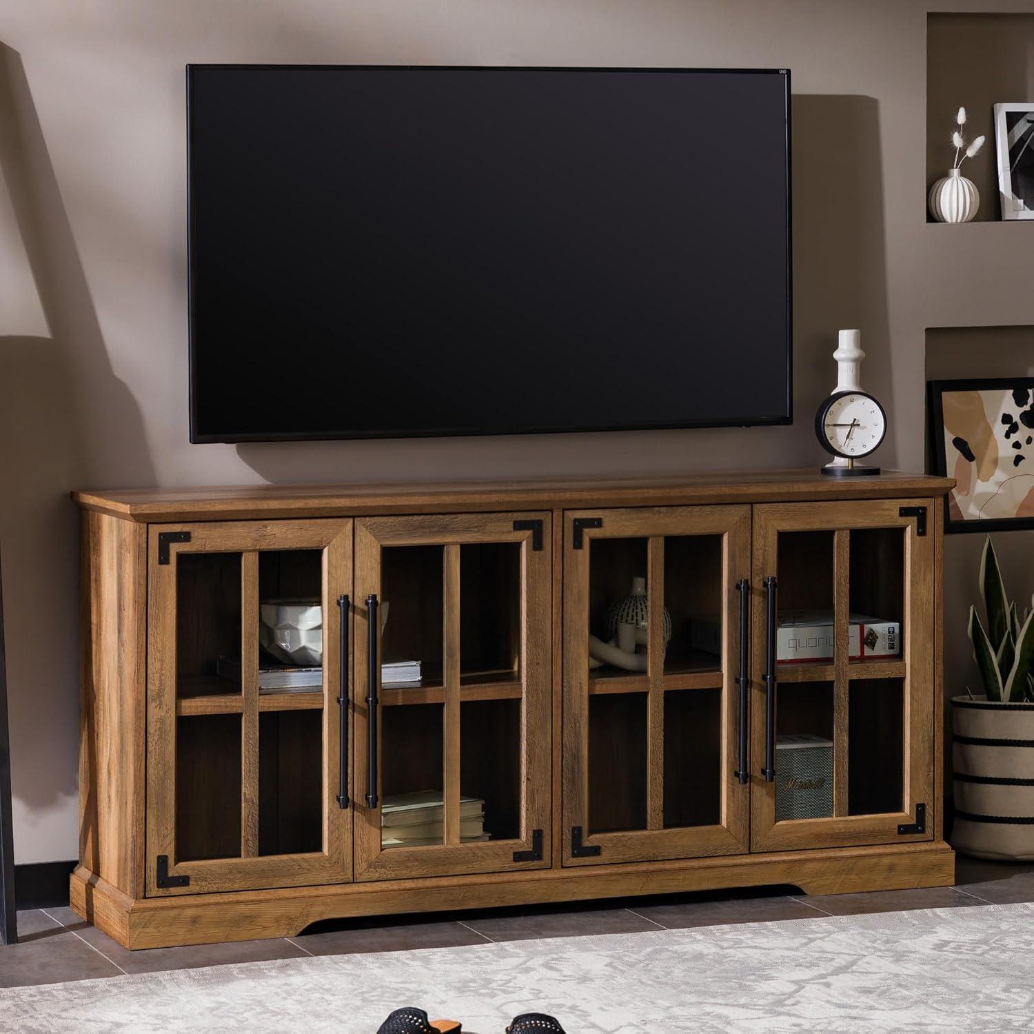 imageWalker Edison Modern Glass and Wood Universal TV Stand with 4 Door Storage For TVs up to 64quot Flat Screen Living Room Storage Entertainment Center 58 Inch Rustic OakRustic Oak