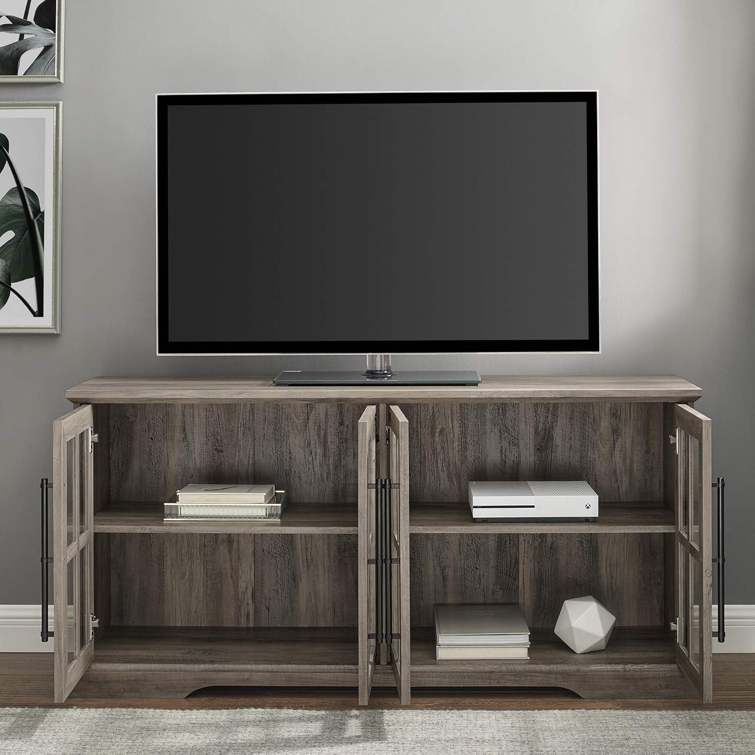 imageWalker Edison Modern Glass and Wood Universal TV Stand with 4 Door Storage For TVs up to 64quot Flat Screen Living Room Storage Entertainment Center 58 Inch Rustic OakGrey