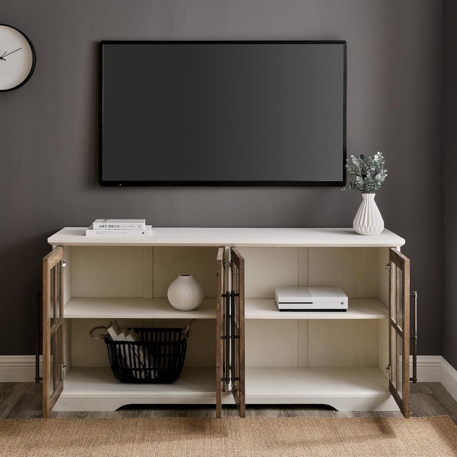 imageWalker Edison Modern Glass and Wood Universal TV Stand with 4 Door Storage For TVs up to 64quot Flat Screen Living Room Storage Entertainment Center 58 Inch Rustic OakWhiteRustic Oak