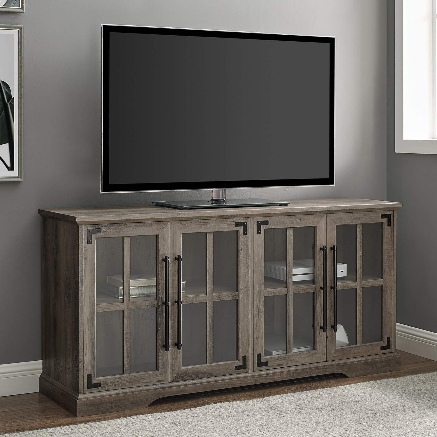 imageWalker Edison Modern Glass and Wood Universal TV Stand with 4 Door Storage For TVs up to 64quot Flat Screen Living Room Storage Entertainment Center 58 Inch Rustic OakGrey