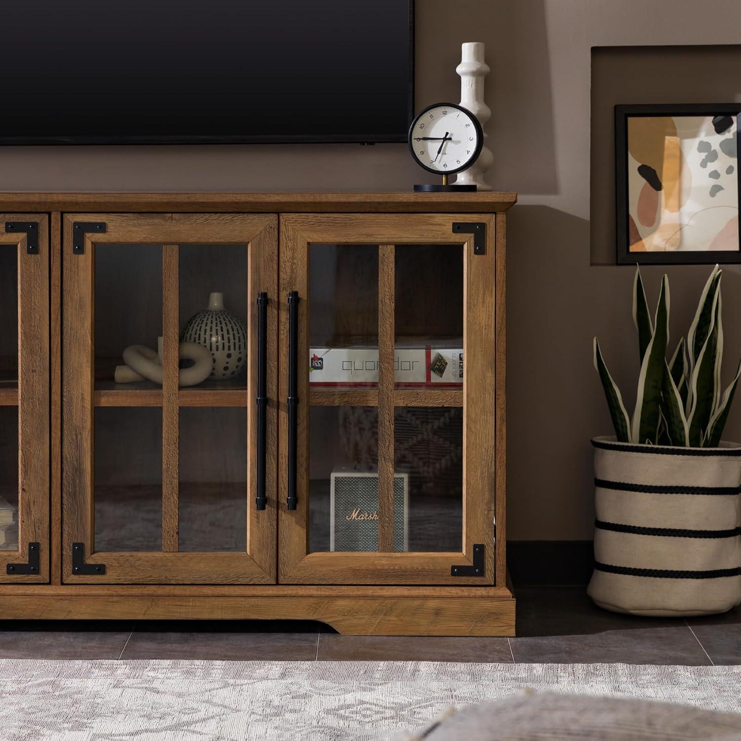 imageWalker Edison Modern Glass and Wood Universal TV Stand with 4 Door Storage For TVs up to 64quot Flat Screen Living Room Storage Entertainment Center 58 Inch Rustic OakRustic Oak