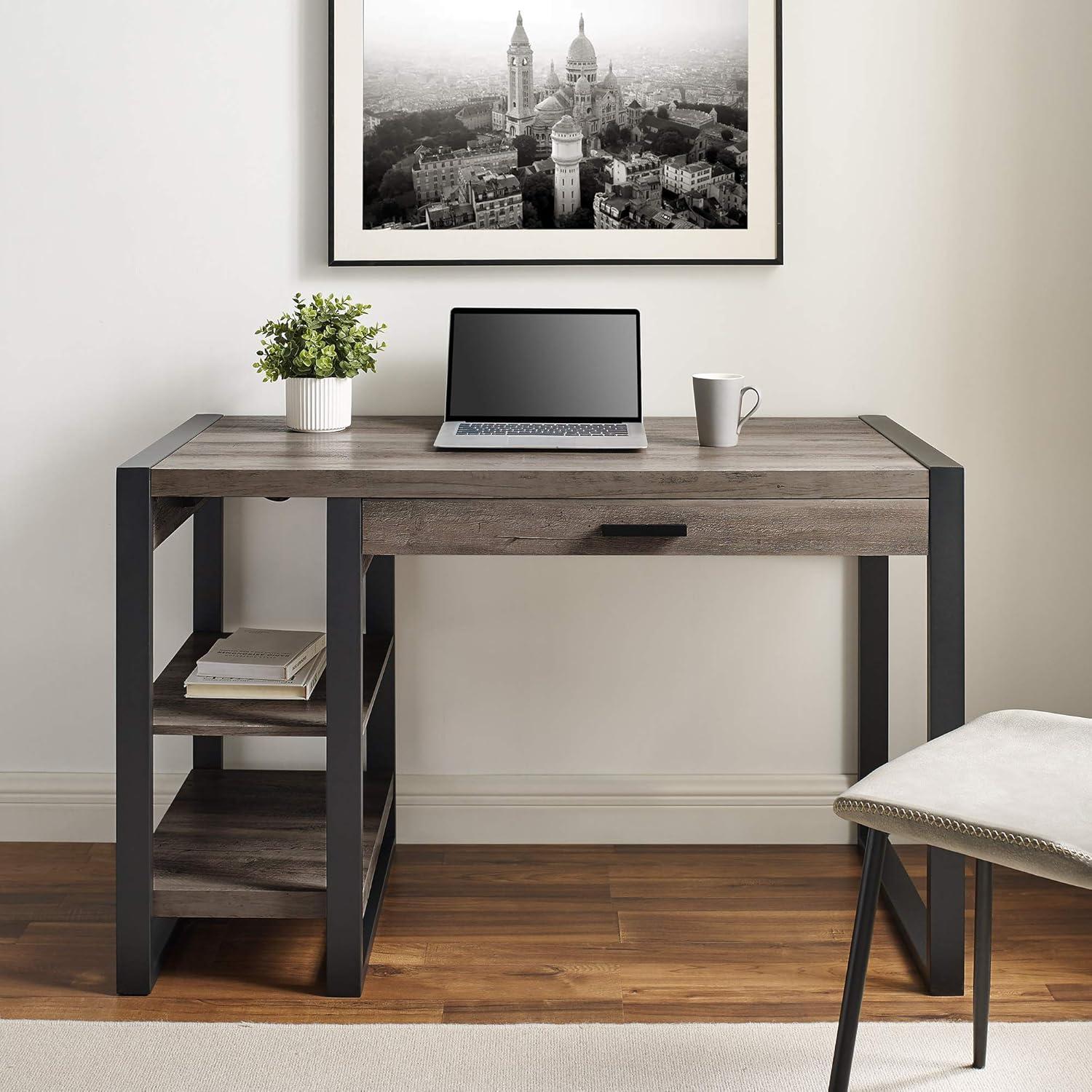 imageWalker Edison Modern Industrial Computer Gaming Desk Office Storage Shelves and Drawer with Electrical Outlet Home Office 48 Inch Dark WalnutGrey Wash