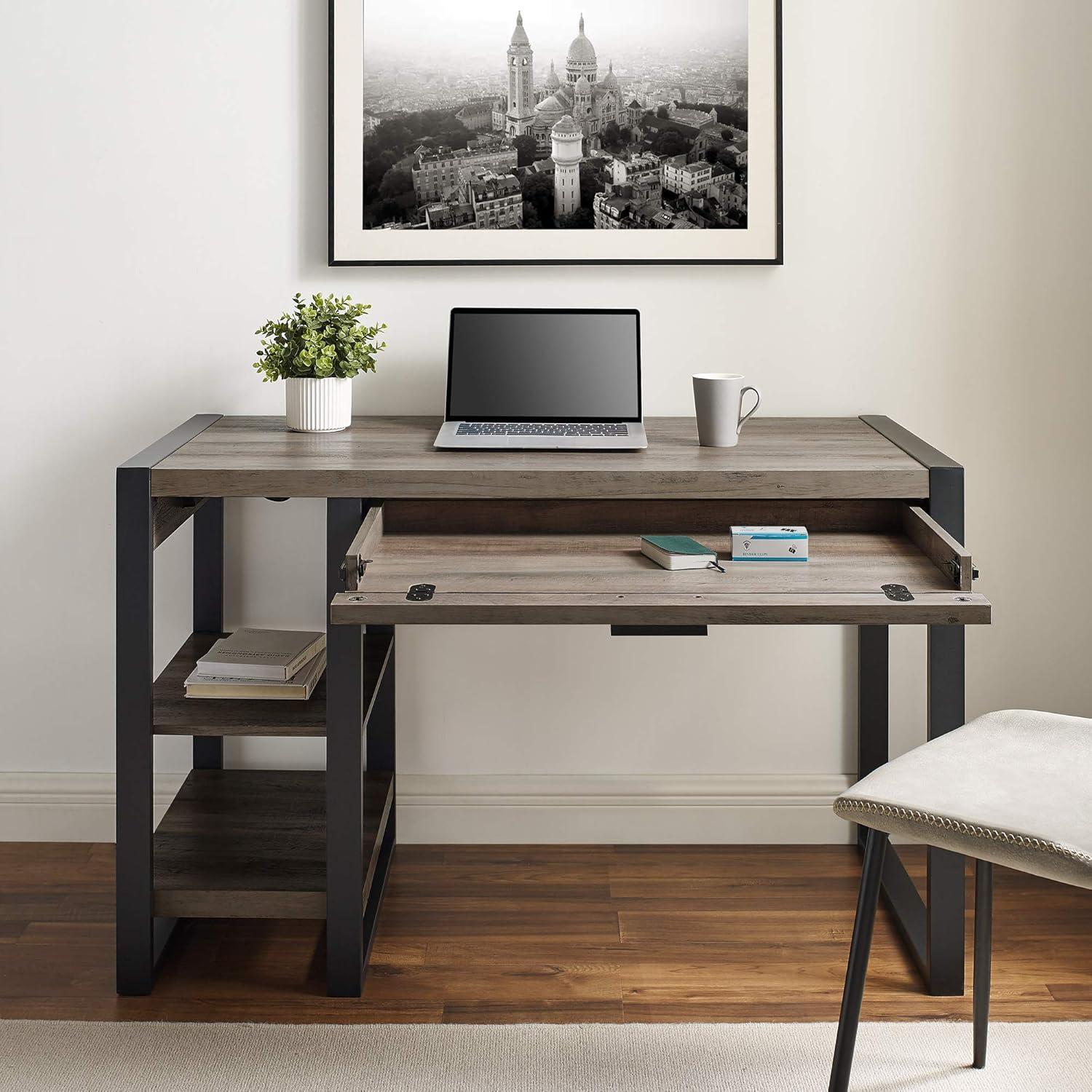 imageWalker Edison Modern Industrial Computer Gaming Desk Office Storage Shelves and Drawer with Electrical Outlet Home Office 48 Inch Dark WalnutGrey Wash