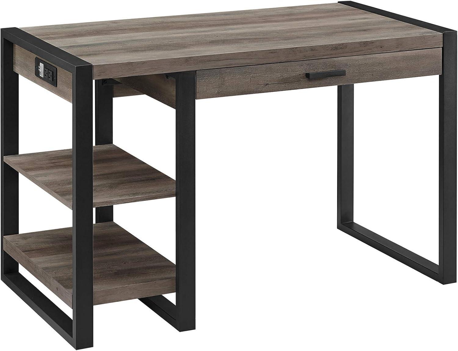 imageWalker Edison Modern Industrial Computer Gaming Desk Office Storage Shelves and Drawer with Electrical Outlet Home Office 48 Inch Dark WalnutGrey Wash