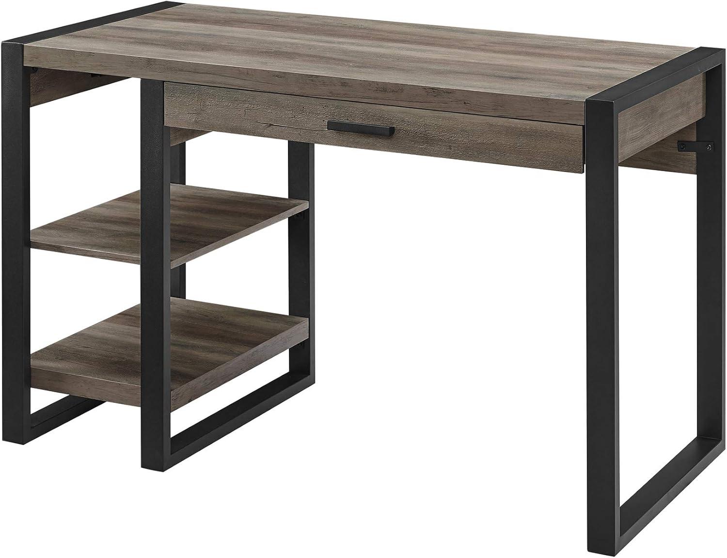imageWalker Edison Modern Industrial Computer Gaming Desk Office Storage Shelves and Drawer with Electrical Outlet Home Office 48 Inch Dark WalnutGrey Wash