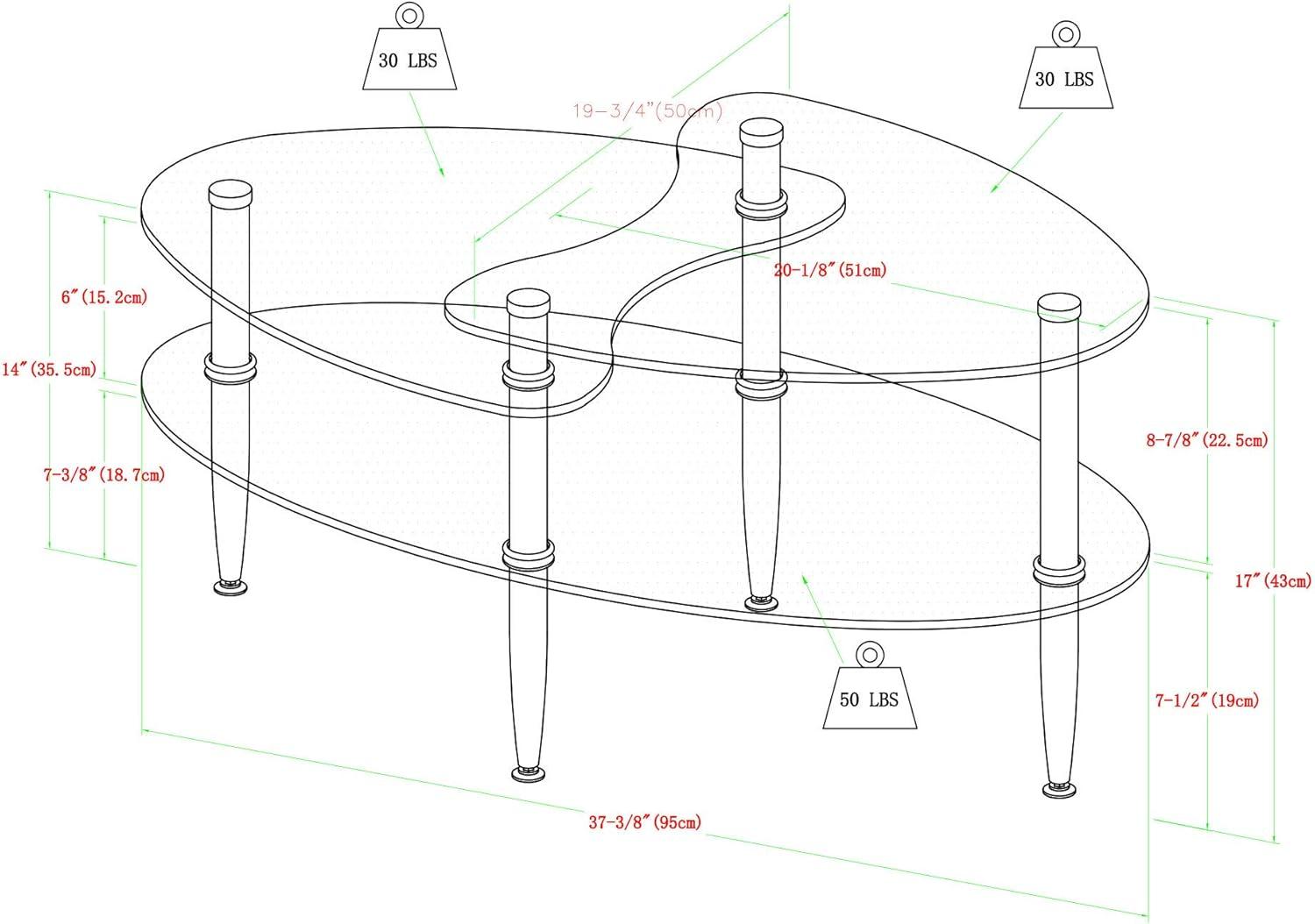 imageWalker Edison Modern Oval Glass Coffee Table Living Room Accent Ottoman Storage Shelf 37 Inch GlassWave Coffee Table
