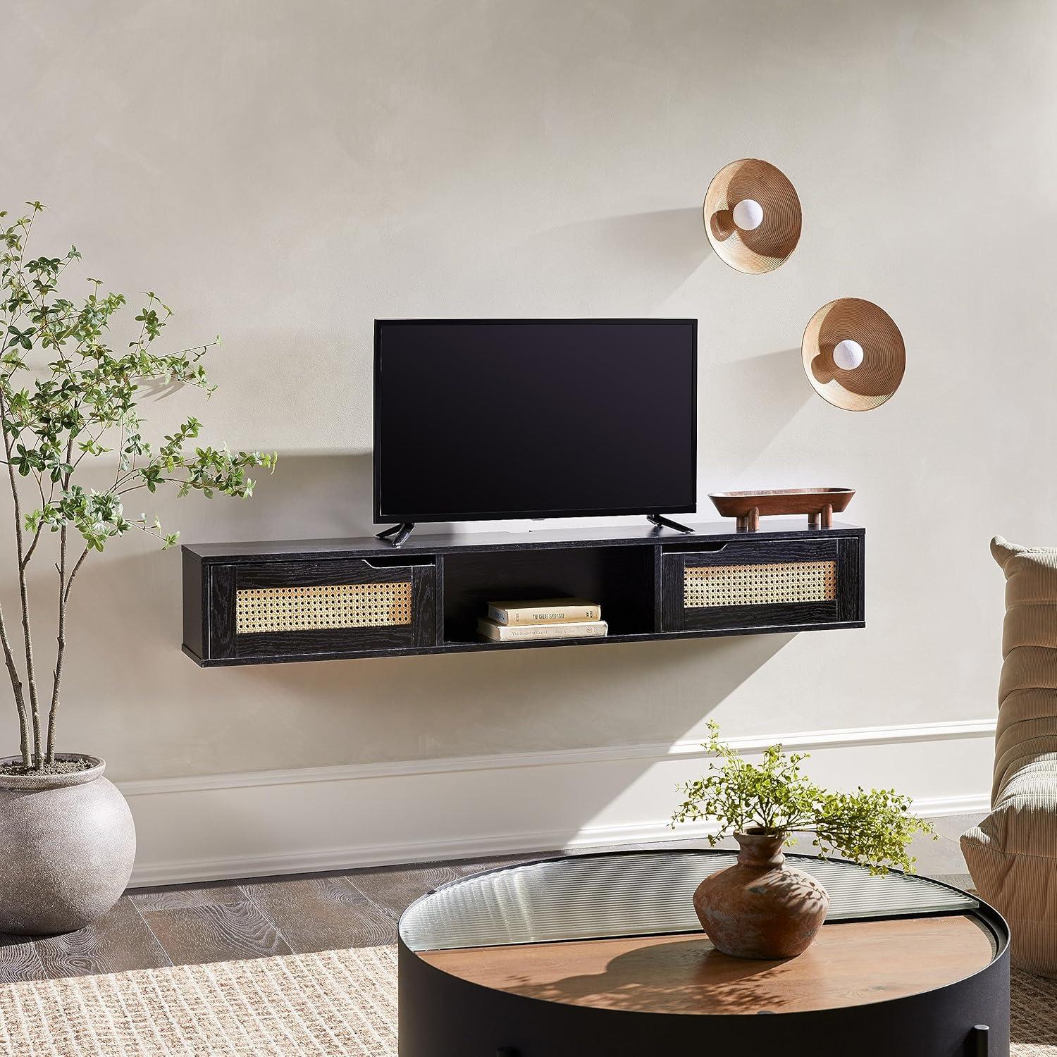 imageWalker Edison Modern Rattan FlipDownDoor WallMounted Floating Stand for TVs up to 65 Inche 58 Inch Coastal OakBlack