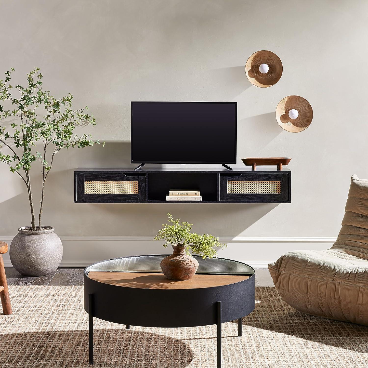 imageWalker Edison Modern Rattan FlipDownDoor WallMounted Floating Stand for TVs up to 65 Inche 58 Inch Coastal OakBlack