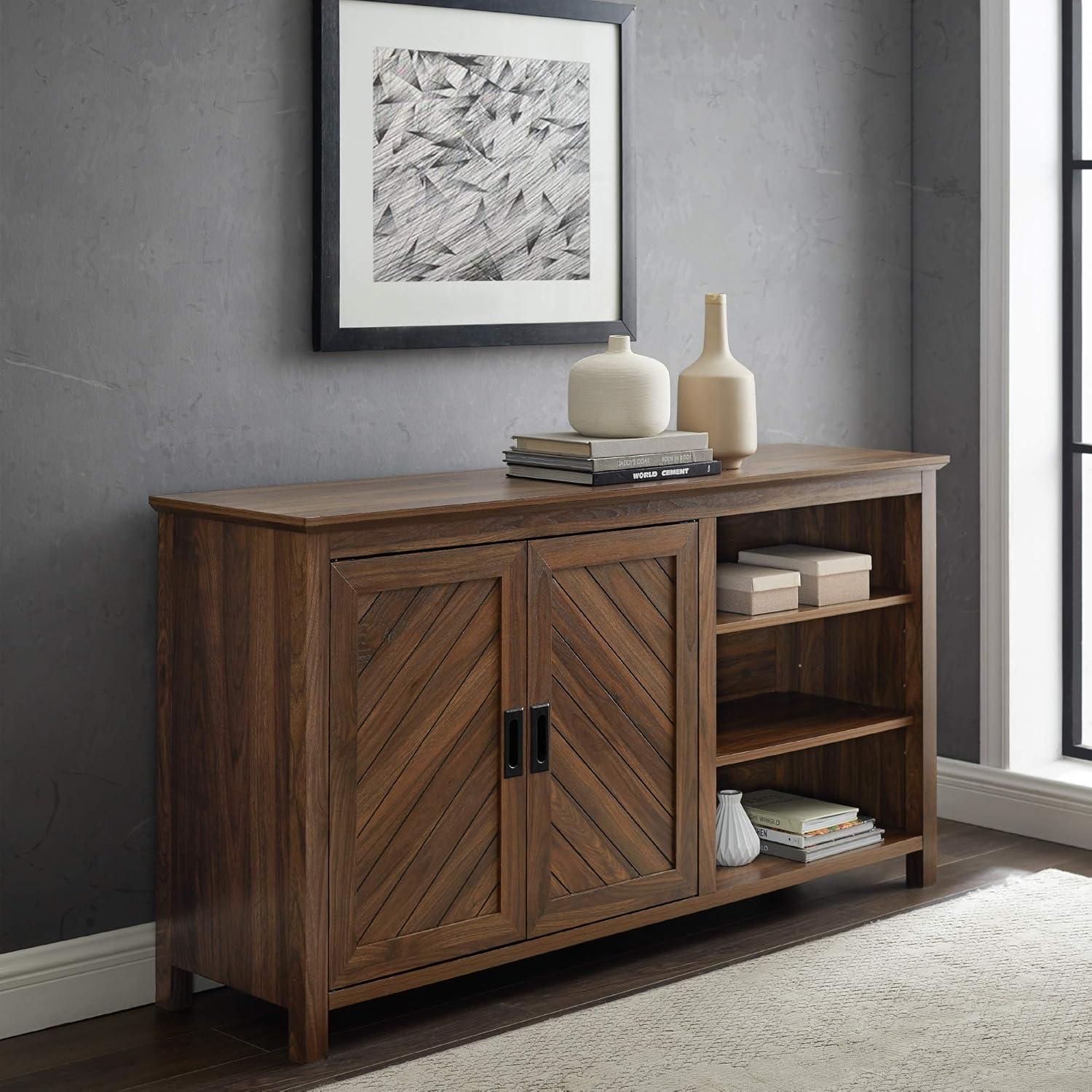 imageWalker Edison Modern Wood Grooved Buffet Sideboard with Open StorageEntryway Serving Storage Cabinet DoorsDining Room Console 58 Inch Dark WalnutDark Walnut