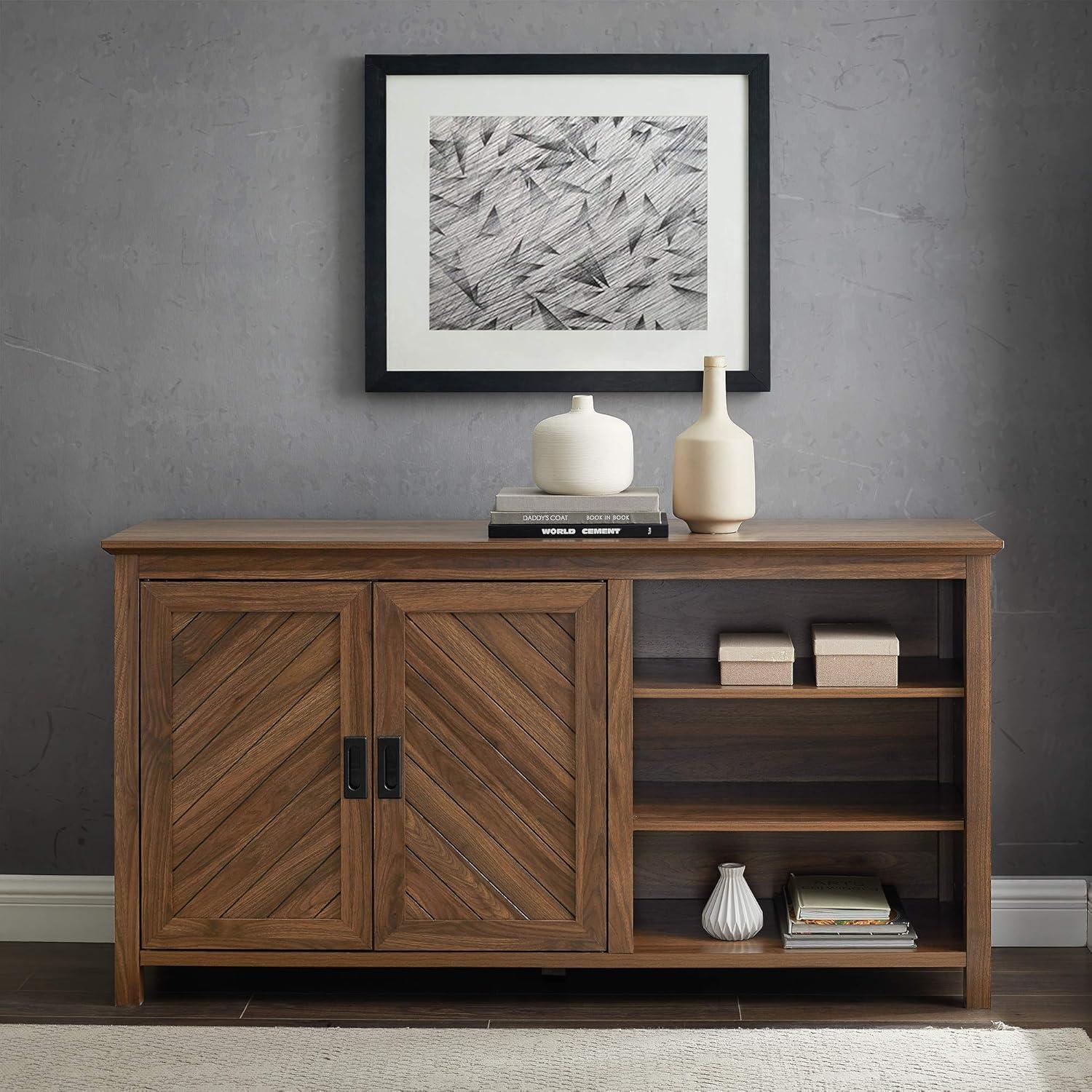 imageWalker Edison Modern Wood Grooved Buffet Sideboard with Open StorageEntryway Serving Storage Cabinet DoorsDining Room Console 58 Inch Dark WalnutDark Walnut