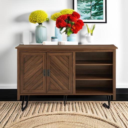 imageWalker Edison Modern Wood Grooved Buffet Sideboard with Open StorageEntryway Serving Storage Cabinet DoorsDining Room Console 58 Inch Dark WalnutDark Walnut