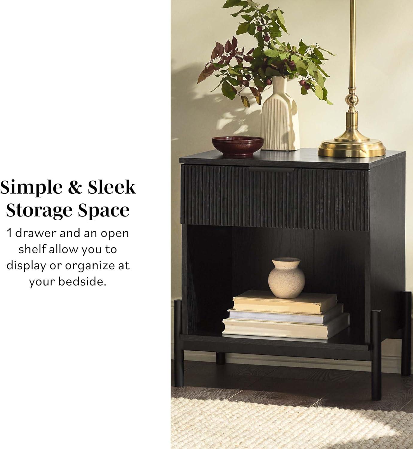 imageWalker Edison Paris Modern ReededDrawer Nightstand with Open Storage 24 Inch BlackBlack