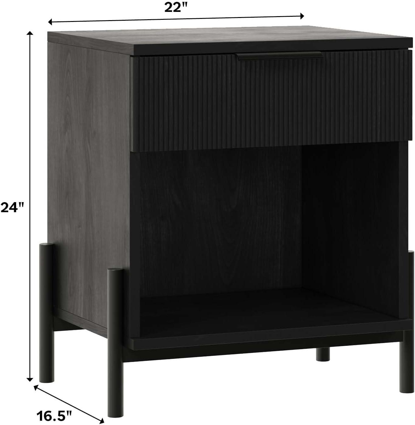 imageWalker Edison Paris Modern ReededDrawer Nightstand with Open Storage 24 Inch BlackBlack